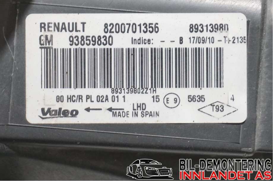 Frontlykt høyre halogen til Opel Vivaro A 2006-2014  (93859830|)
