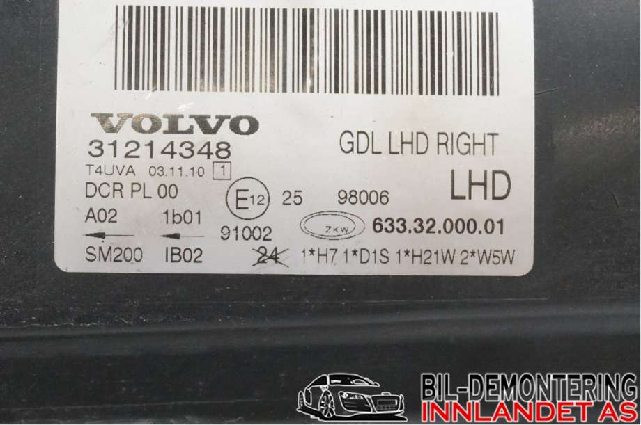 Frontlykt høyre halogen til Volvo V70 2007-2013 (Type III, Fase 1)  (VOLVO|)