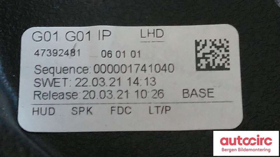 Dashbord til BMW X3 2017-->> (G01) (G01) (BMW|51 45 7 937 296|)