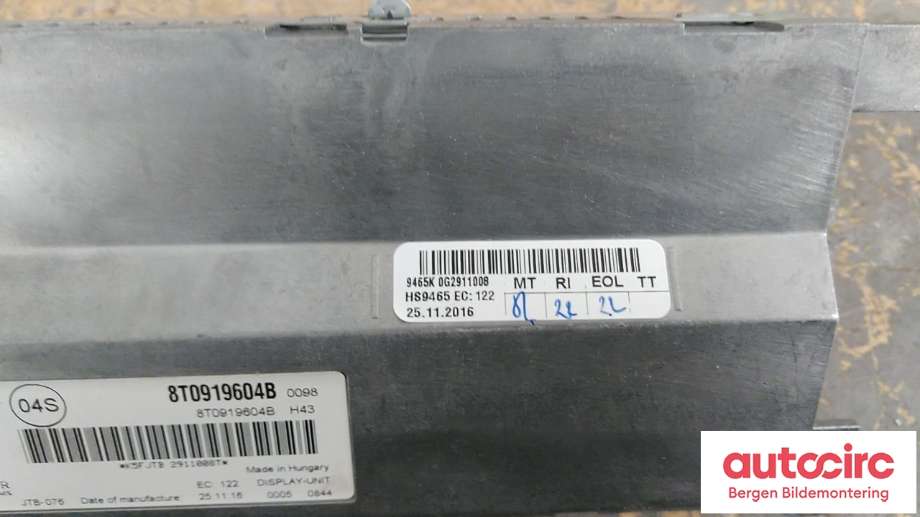 Instrument kjørecomputer til Audi A4 2007-2014 (Type IV) (B8) (B8) (AUDI|8T0 919 604 B|)