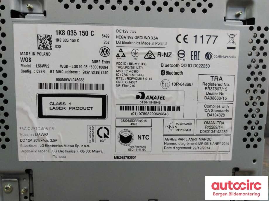 Bilstereo til VW Transporter / Caravelle 2015-2019 (T6) (T6) (|1K8 035 150 C)