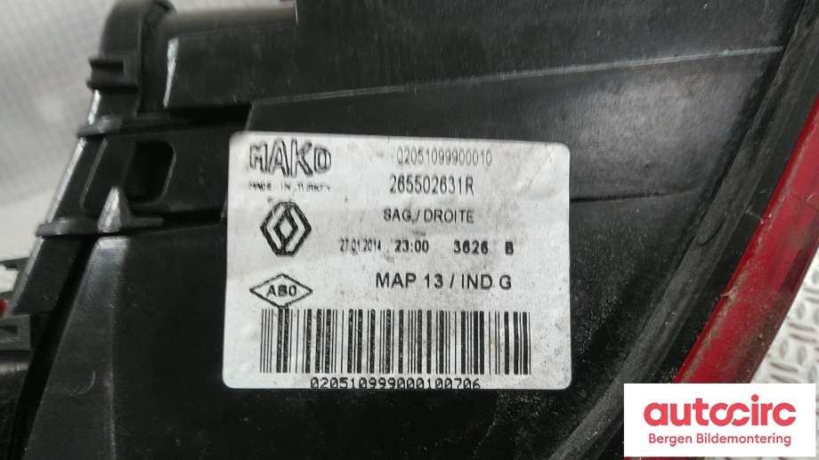 Baklykt høyre til Renault Clio 2012-2016 (Type IV, Fase 1)  (RENAULT|265502631R|)