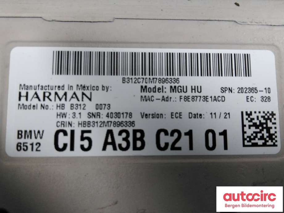 Bilstereo forsterker til BMW X3 2017-->> (G01) (G01) (BMW|65 12 5 B3F 808|)