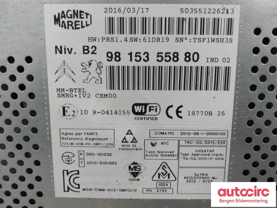 Bilstereo til Peugeot Partner 2015-2019 (Type II, Fase 2)  (PEUGEOT|16 227 937 80|)