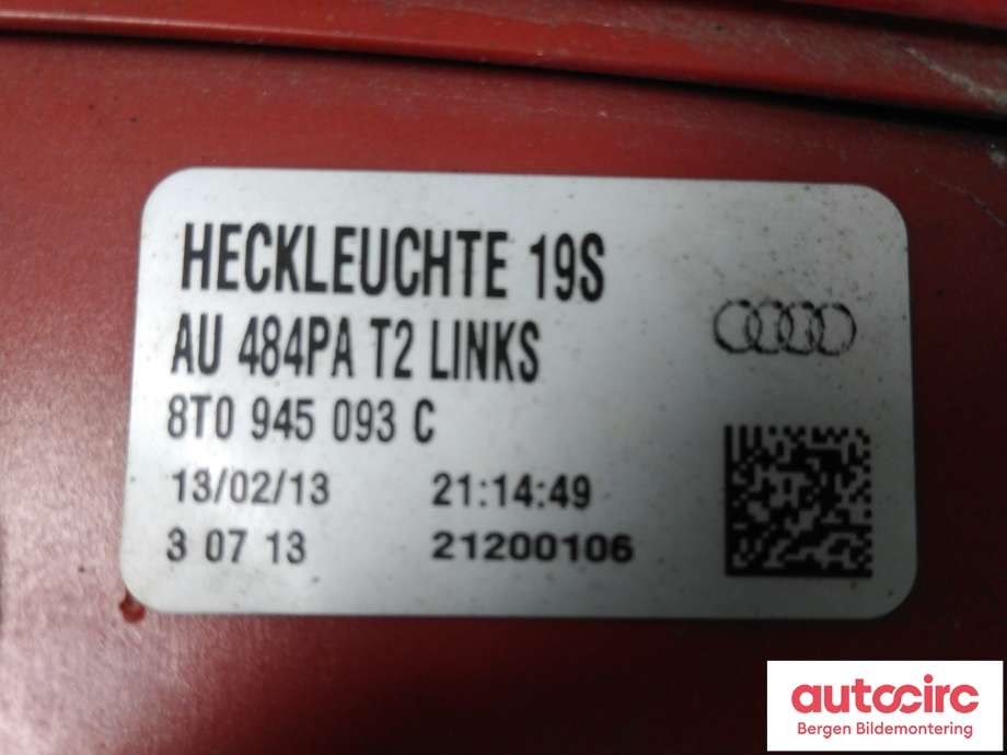 Baklykt venstre indre til Audi A5 2007-2016 (Type I)  (AUDI|8T0 945 093 C|)