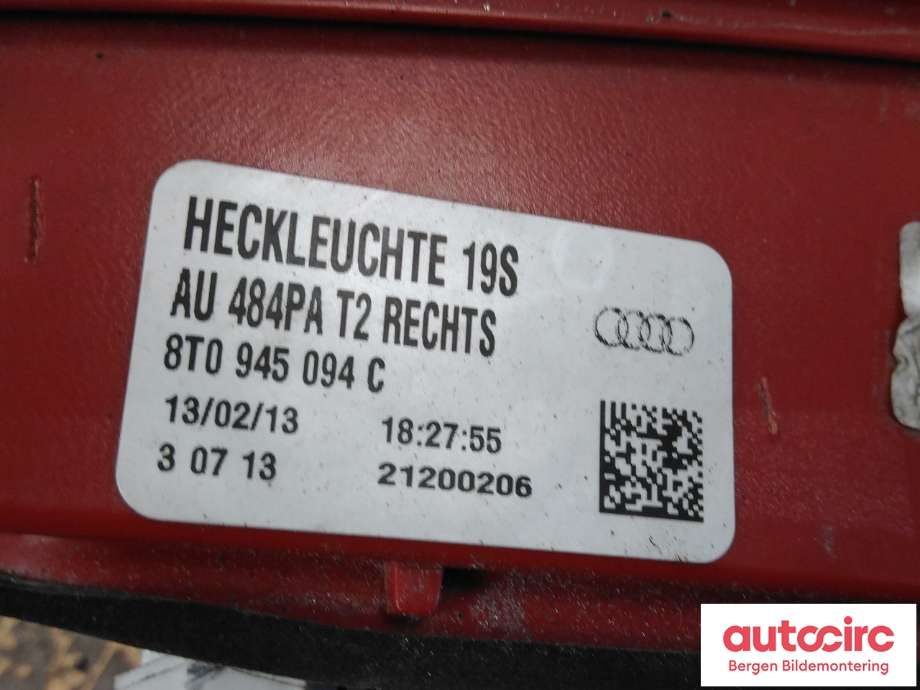 Baklykt høyre indre til Audi A5 2007-2016 (Type I)  (AUDI|8T0 945 094 C|)
