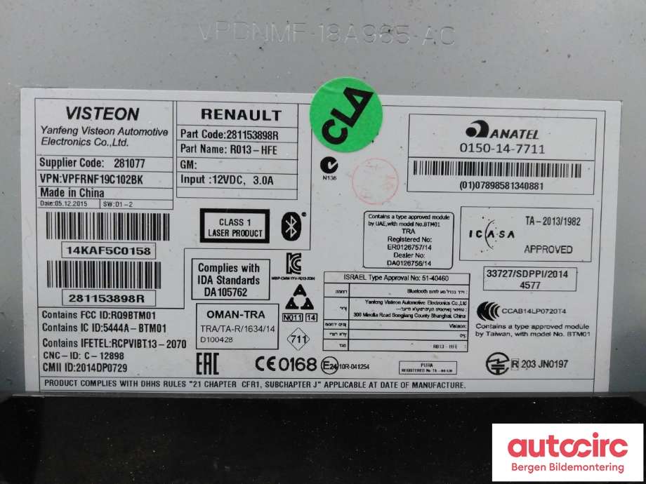 Bilstereo til Renault Kadjar 2015-->>  (RENAULT|280211185R|)