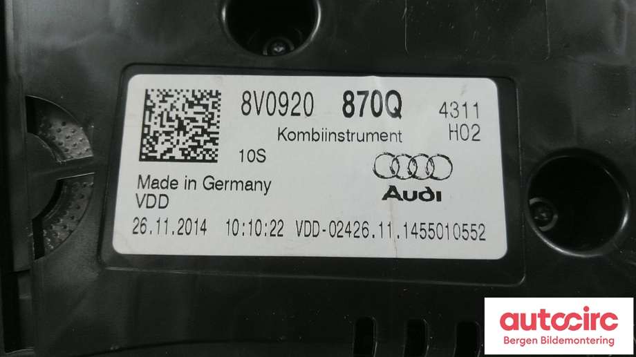 Instrumentpanel til Audi A3 2012-2016 (Type III, Fase 1)  (AUDI|8V0 920 870 Q|)
