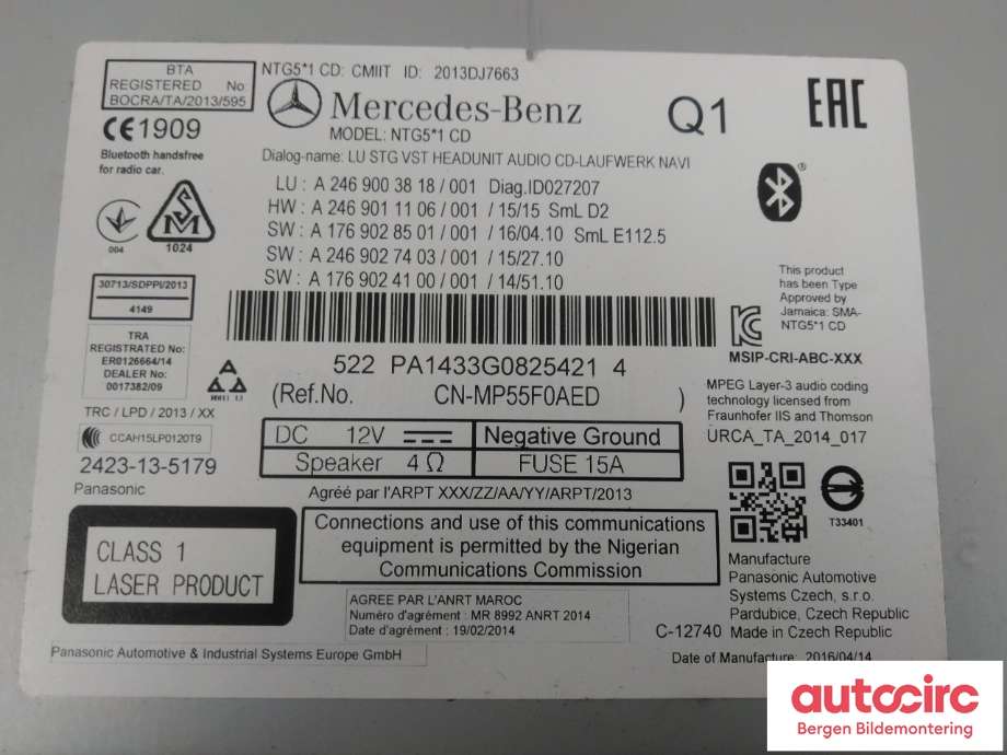 Bilstereo til Mercedes CLA 2013-2019 (C117) (C117) (MERCEDES|A 246 900 26 17|A 246 900 38 18|)