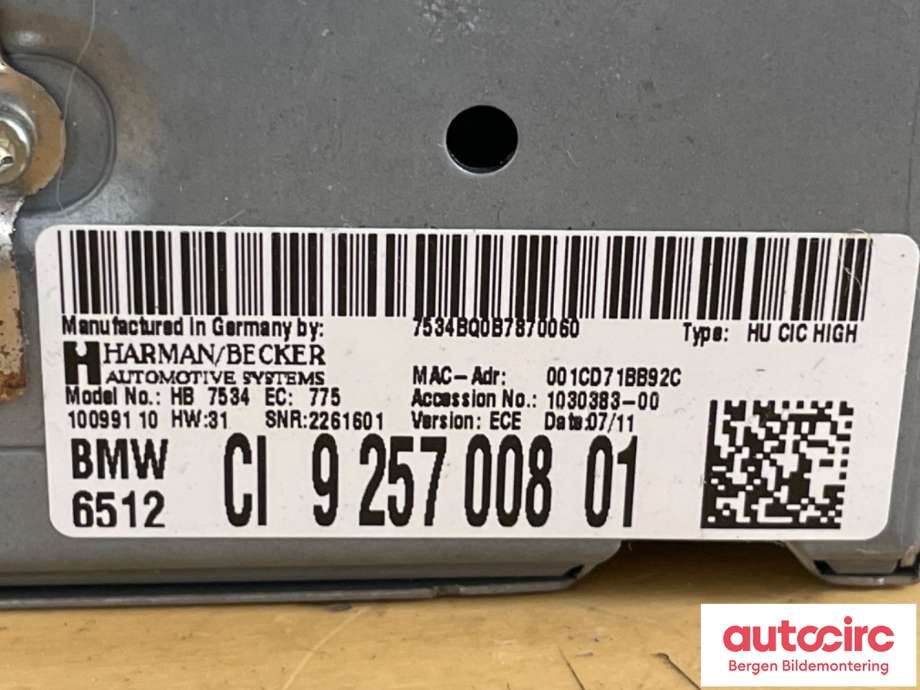 Bilstereo til BMW 5-Serie 2010-2017 (F10/F11) (F10/F11) (BMW|65 12 9 293 395||9 257 008 01)