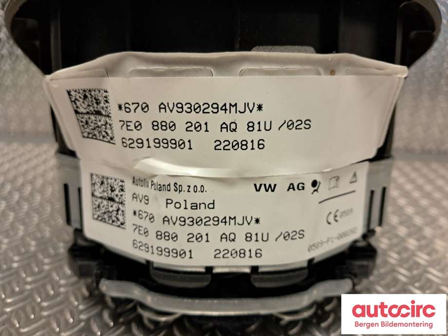 Airbag rattpute til VW Amarok 2016-2022 (Type I, Fase 2)  (VOLKSWAGEN|7E0 880 201 AQ|)