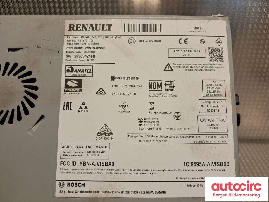 Bilstereo diverse til Renault Captur 2020-->> (Type II)  (RENAULT|259153695R|)