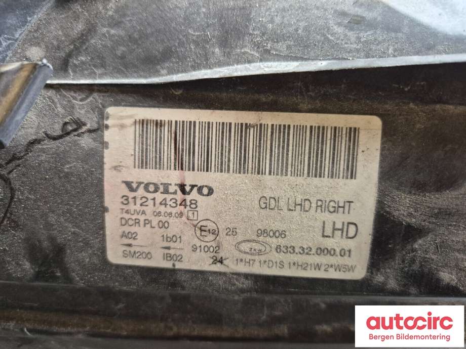 Frontlykt høyre halogen til Volvo V70 2007-2013 (Type III, Fase 1)  (VOLVO|31214416|)
