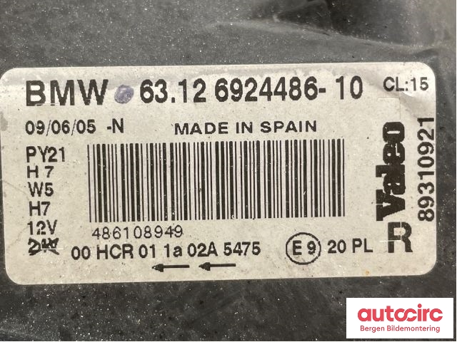 Frontlykt høyre halogen til BMW 1-Serie 2004-2011 (E81/E82/E87/E88) (E81/E82/E87/E88) (BMW|63 12 6 924 486||63.01206924486- 10)