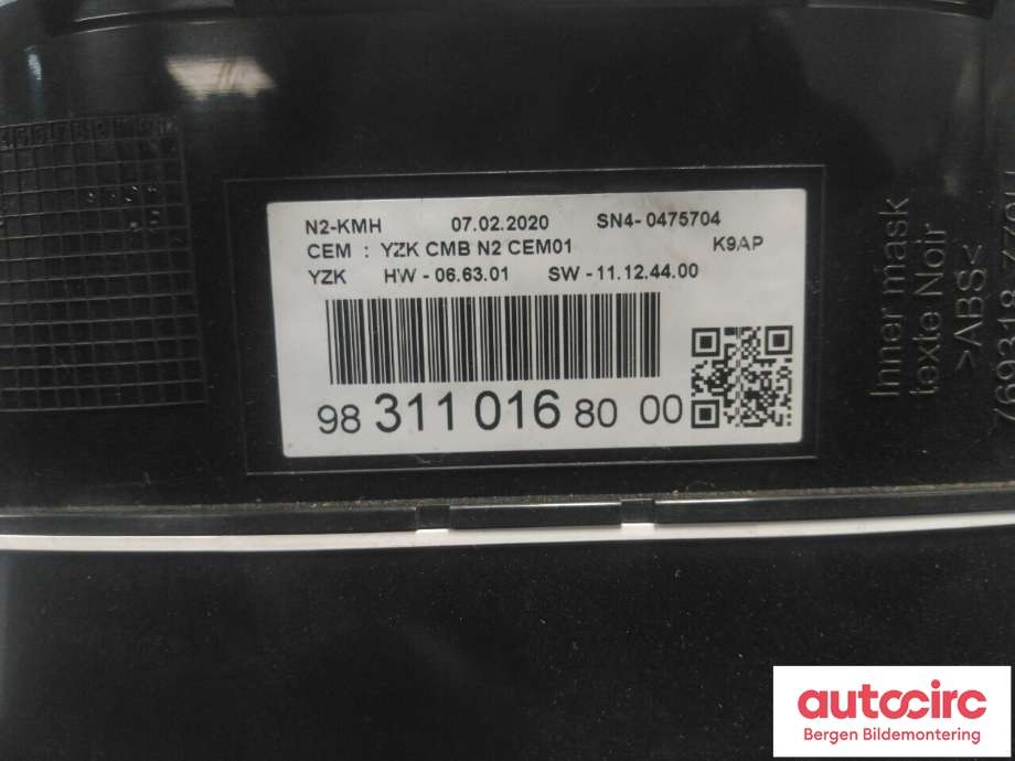 Speedometer til Peugeot Partner 2015-2019 (Type II, Fase 2)  (PEUGEOT|98 311 016 80|)