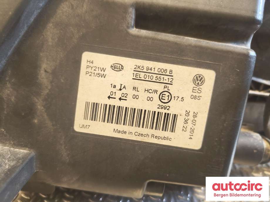 Frontlykt høyre halogen til VW Caddy 2010-2015 (Type III, Fase 2)  (2K5 941 006 B|)