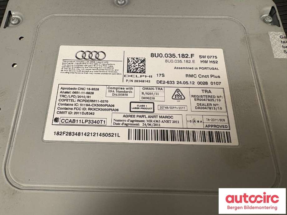 Bilstereo til Audi Q3 2011-2014 (Type I, Fase 1)  (AUDI|8U0 035 182 GX|8U0 035 182 G|)