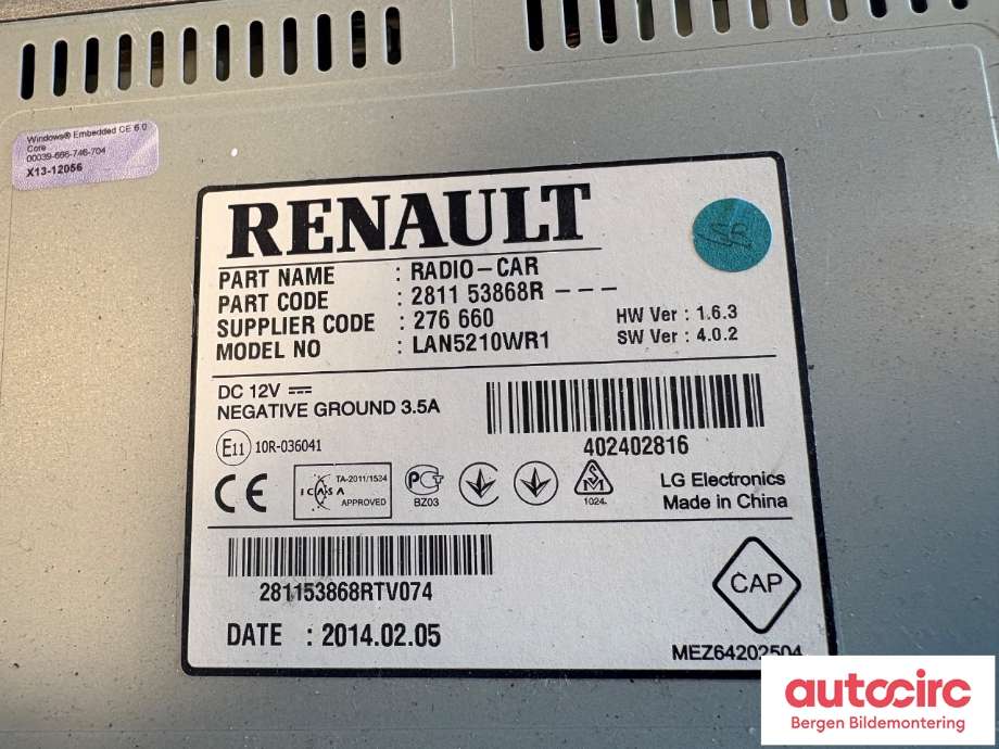 Instrument kjørecomputer til Renault Clio 2012-2016 (Type IV, Fase 1)  (RENAULT|259153826R|)