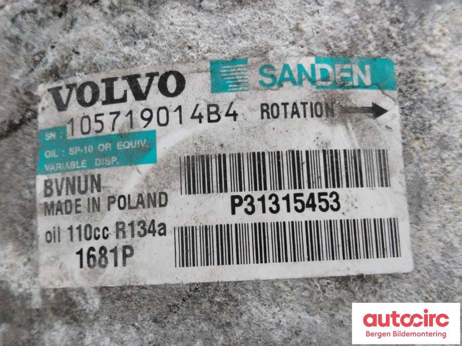 Aircondition kompressor til Volvo XC60 2014-2017 (Type I, Fase 2)  (VOLVO|31315453||105719014B4)