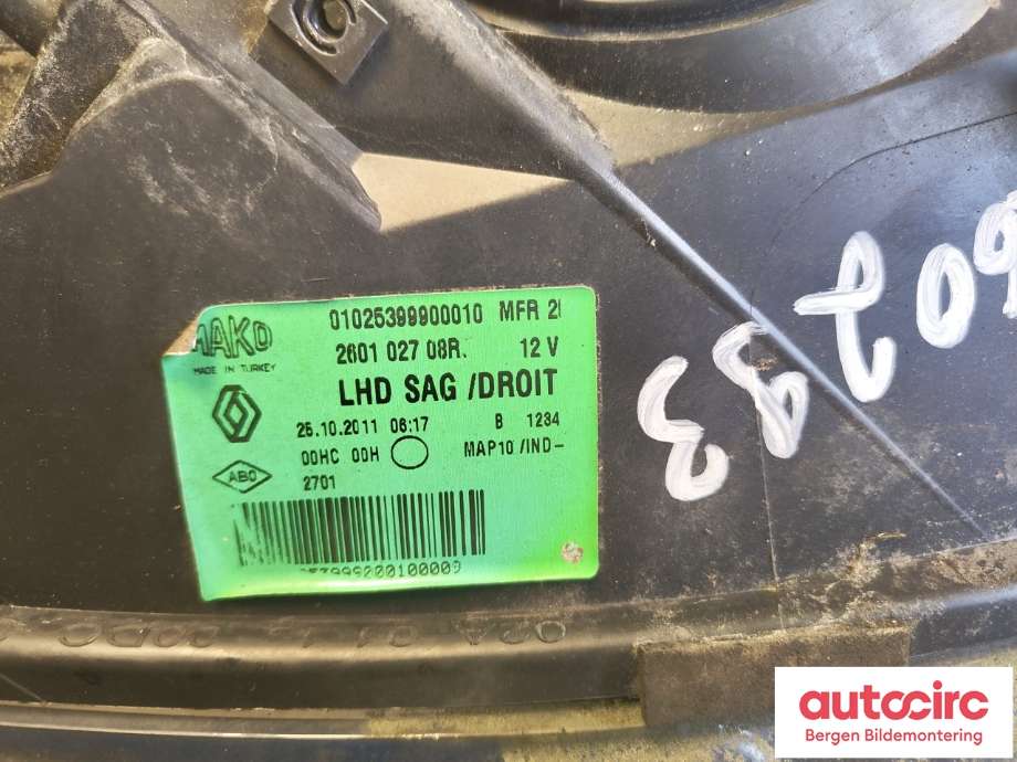 Frontlykt høyre halogen til Renault Fluence Z.E 2011-2014  (RENAULT|260102680R|)