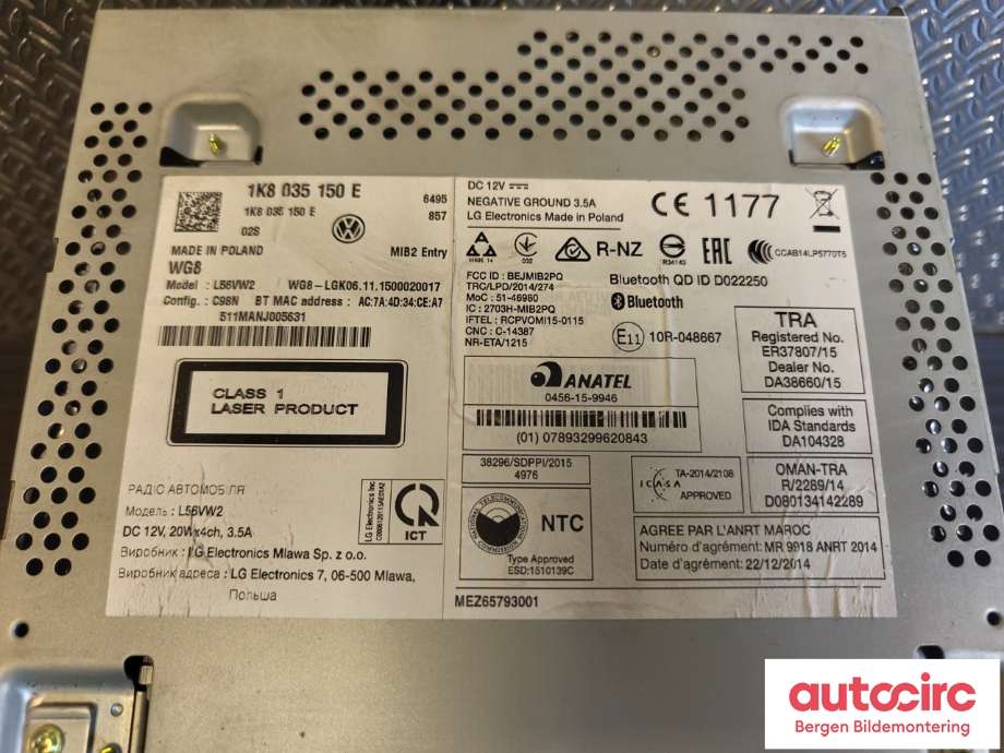 Bilstereo til VW Transporter / Caravelle 2015-2019 (T6) (T6) (VOLKSWAGEN|1K8 035 150 E|)