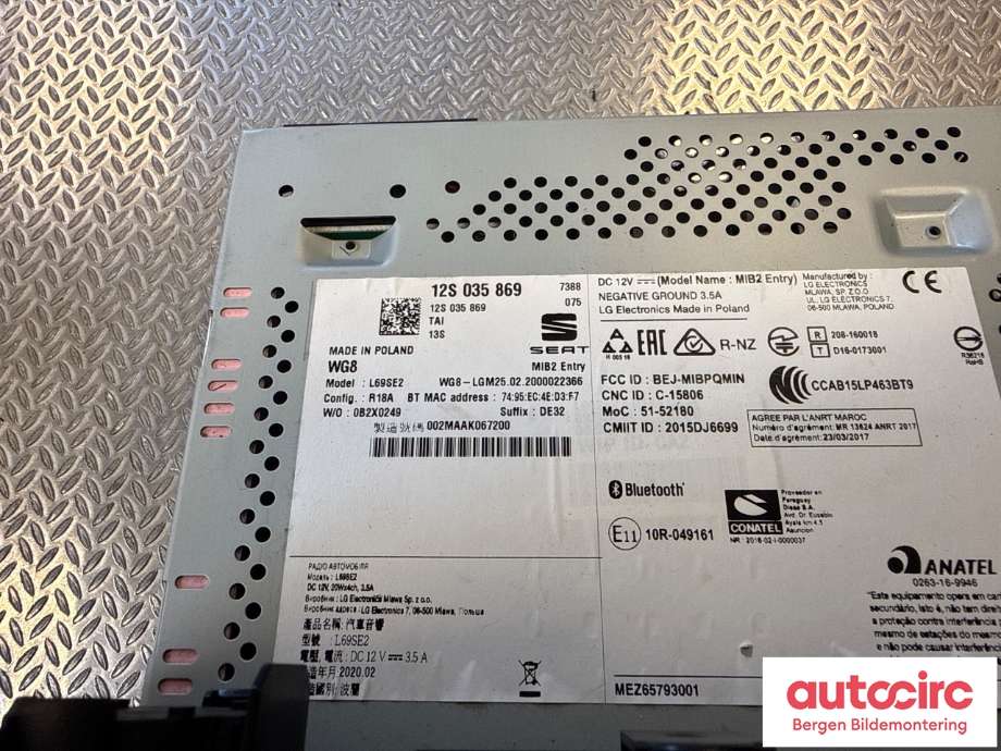 Bilstereo til Seat Mii electric 2019-->>  (SEAT|12E 907 044 D|12S 035 869|)