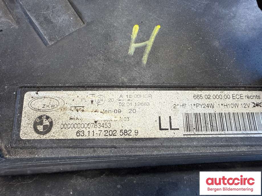 Frontlykt høyre halogen til BMW 3-Serie 2005-2011 (E90/E91/E92/E93) (E90/E91/E92/E93) (BMW|63 11 7 202 582|)