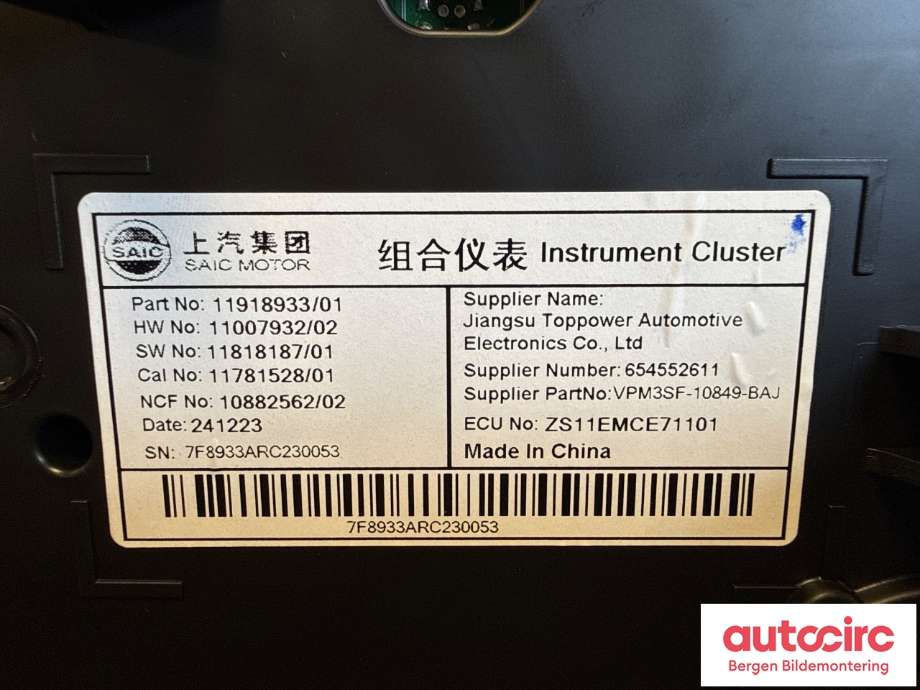 Speedometer til MG ZS EV 2022-->> (Type I, Fase 2) (MG||11918933)