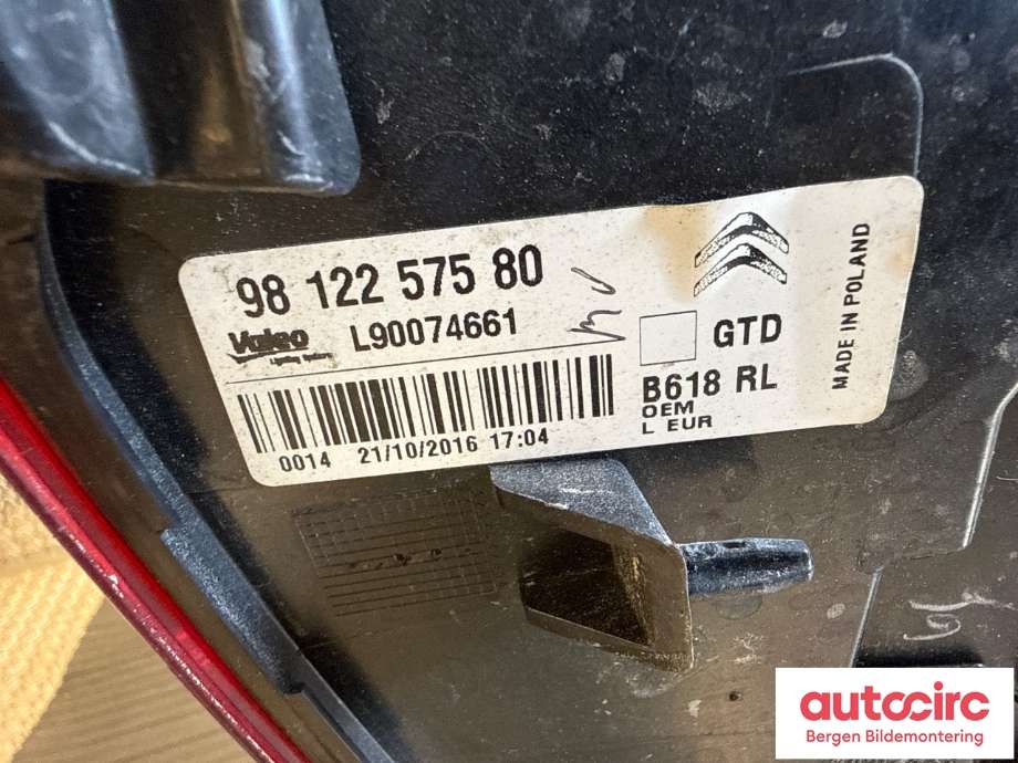 Baklykt venstre til Citroën C3 2016-->> (Type III) (CITROEN|98 122 575 80|)
