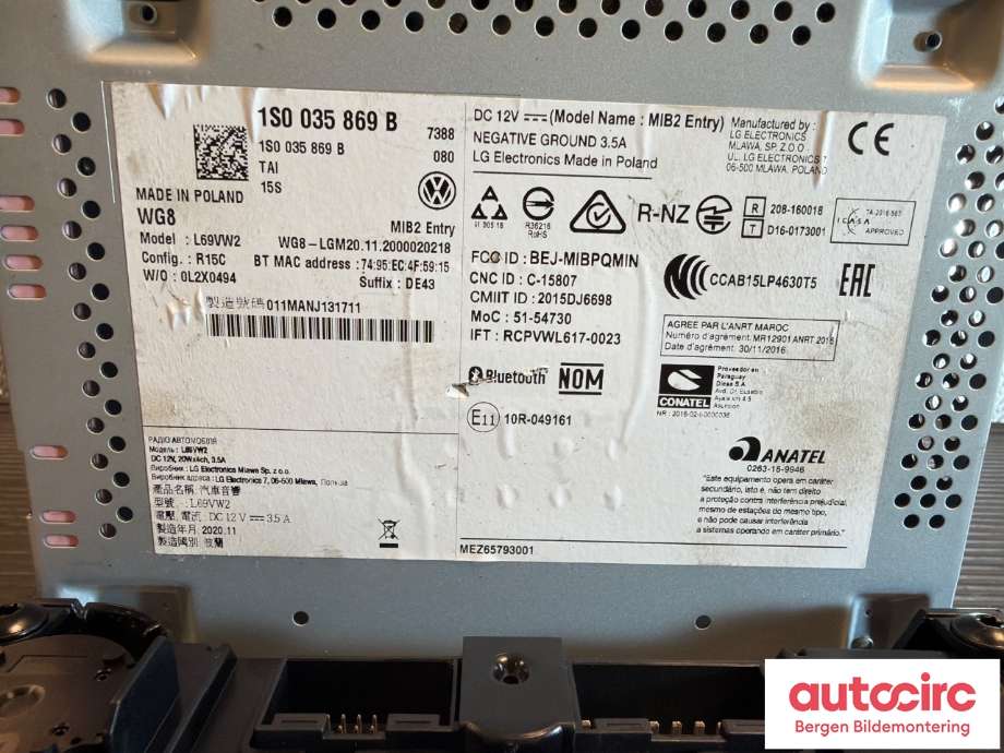Bilstereo til VW E-Up 2019-->>  (VOLKSWAGEN|1S0 035 869 B|12E 907 044 E|)
