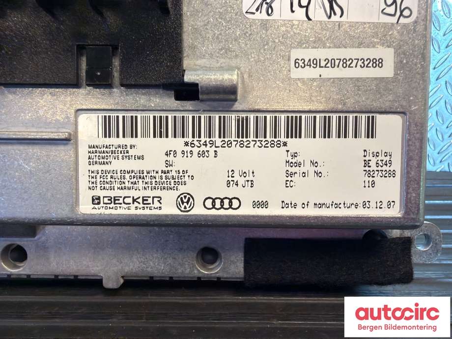 Instrument kjørecomputer til Audi A6 2008-2011 (Type III, Fase 2) (C6) (C6) (AUDI|8T0919603C|)