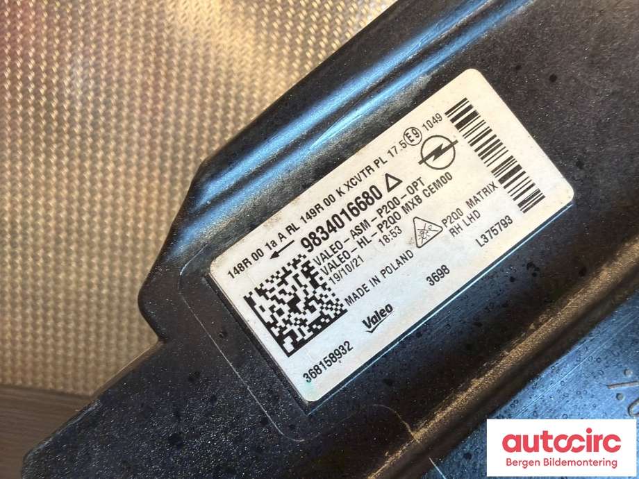 Frontlykt høyre halogen til Opel Mokka 2012-2016 (Type I, Fase 1)  (OPEL|16 758 878 80||9834016680)