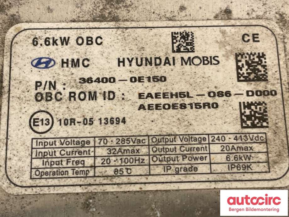 Batterilader (OBC - On Board Charger) til Hyundai Ioniq Electric 2019-->> (Fase 2)  (HYUNDAI|36400 0E150|)