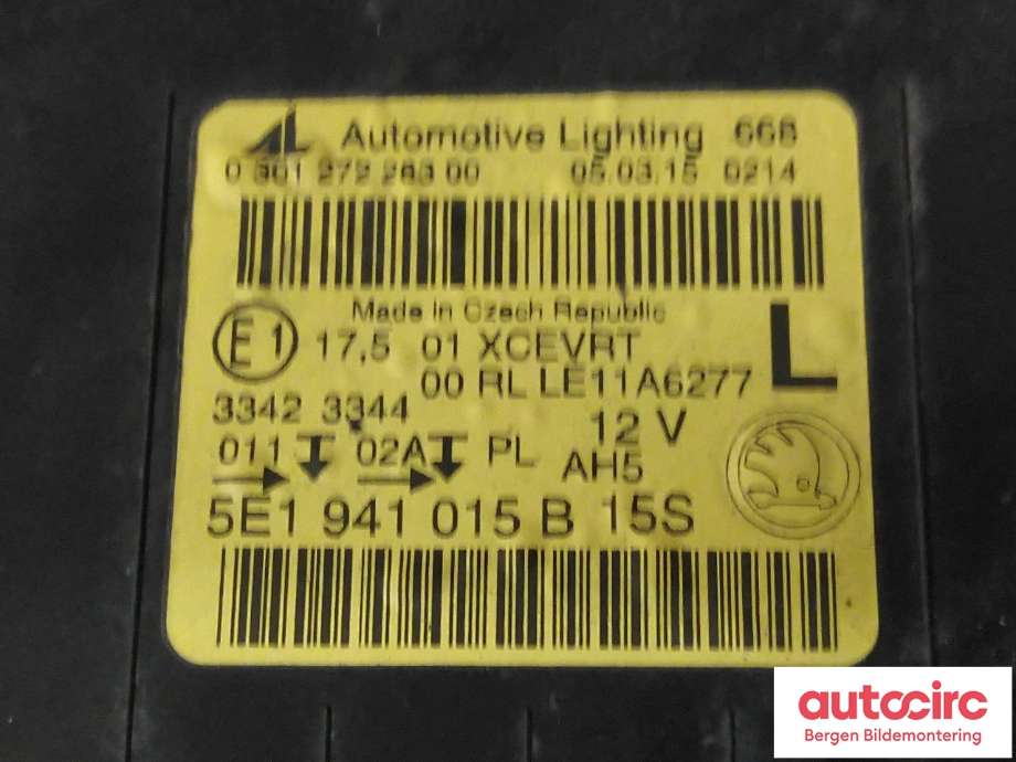 Frontlykt venstre halogen til Škoda Octavia 2013-2016 (Type III, Fase 1)  (SKODA|5E1 941 017 B|)