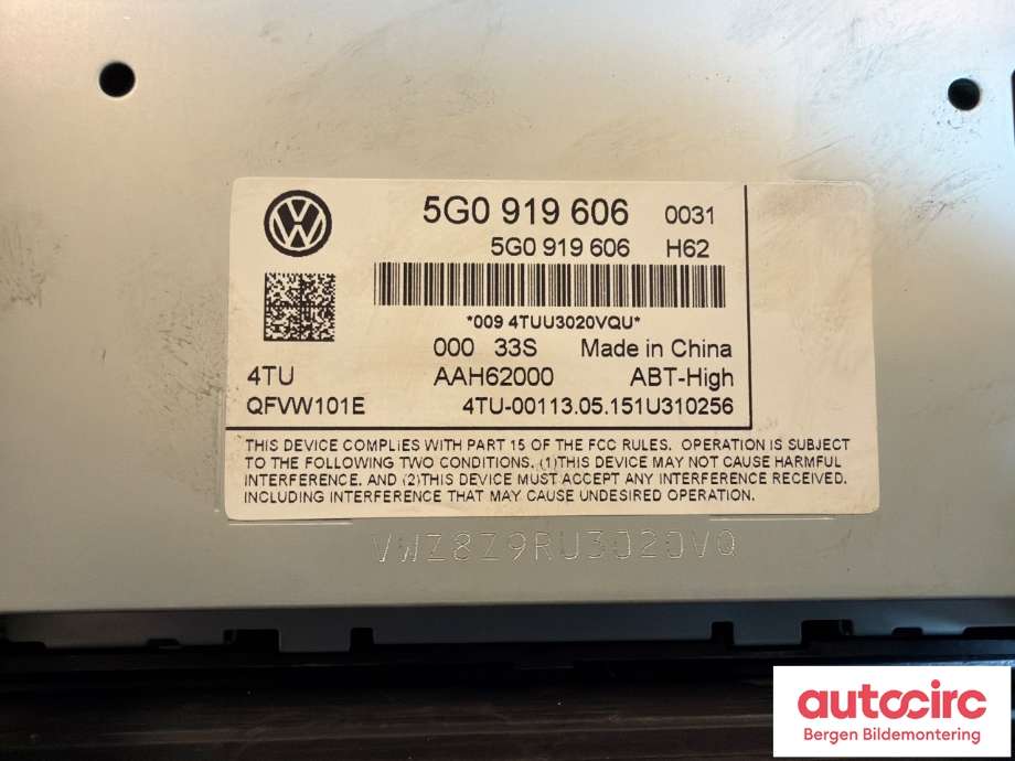 Multimedia display (MCU - Media Controller Unit) til VW e-Golf 2014-2017 (Fase 1)  (VOLKSWAGEN|5G0 919 606|)