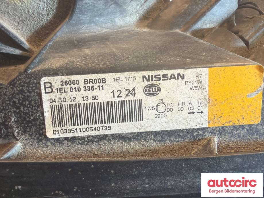 Frontlykt venstre halogen til Nissan Qashqai 2010-2014 (Type I, Fase 2) (NISSAN|26060BR00B|)