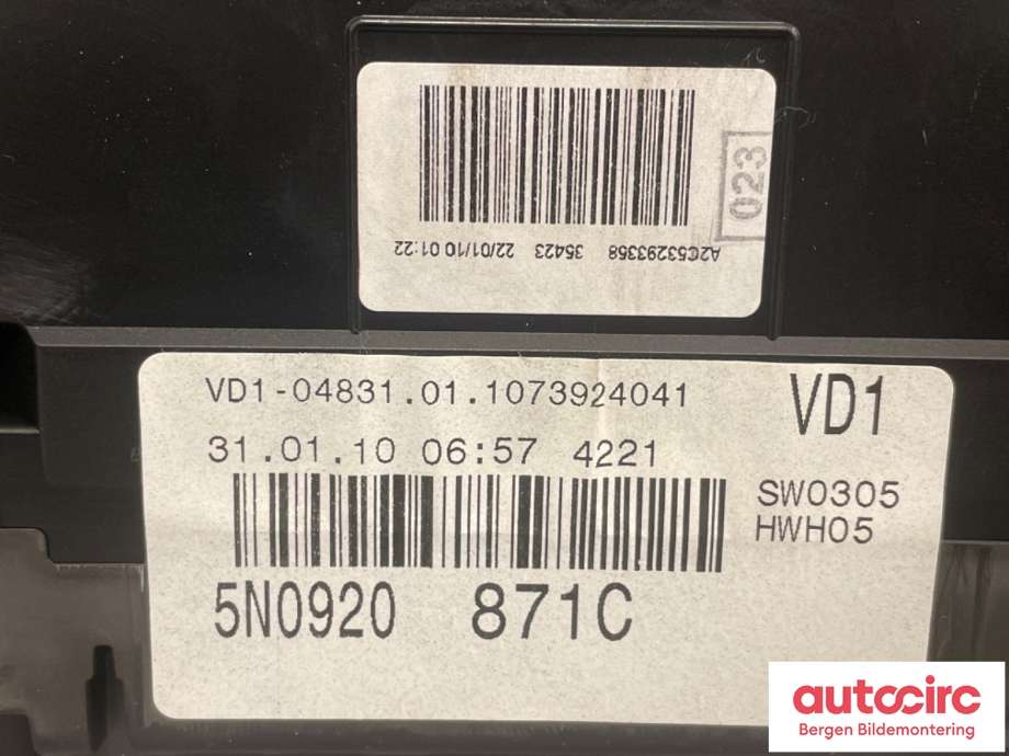 Speedometer til VW Tiguan 2007-2011 (Type I, Fase 1) (VOLKSWAGEN|f 5N0 920 871 C|)