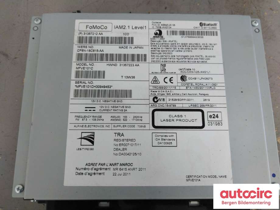 Bilstereo til Volvo V40 2012-2019  (VOLVO|36050605||31357212 AA)