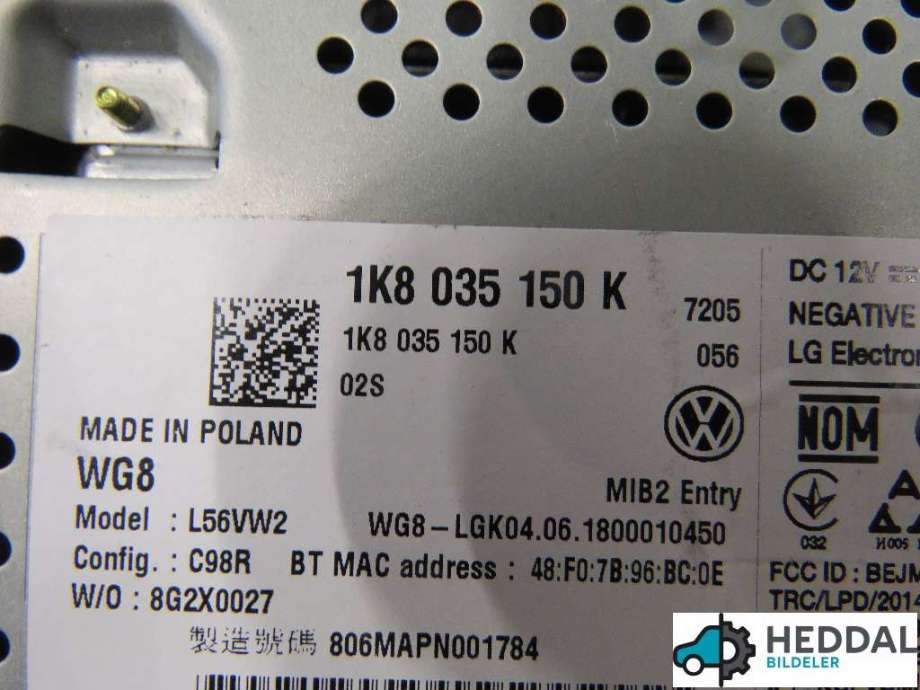 Bilstereo til VW Caddy 2015-2020 (Type III, Fase 3) (VOLKSWAGEN|1K8 035 150 K|)