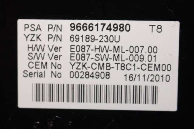 Instrumentpanel til Peugeot 5008 2010-2017 (Type I)  (YAZAKI|69189-230U|96 661749 80 T8|)