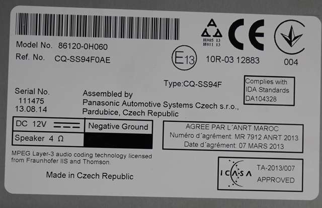 Bilstereo betjeningspanel til Toyota Aygo 2014-->> (Type II)  (PANASONIC|CQ-SS94F0AE|86120-0H060|)