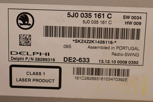 Bilstereo til Škoda Fabia 2010-2014 (Type II, Fase 2) (DELPHI|28289316|5J0 035 161 C|)