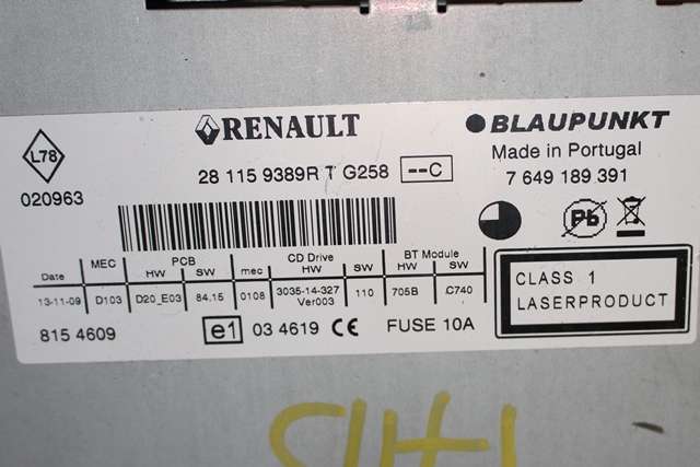 Bilstereo til Renault Scenic 2009-2016 (Type III)  (BLAUPUNKT|7 649 189 391|281159389R-T|)
