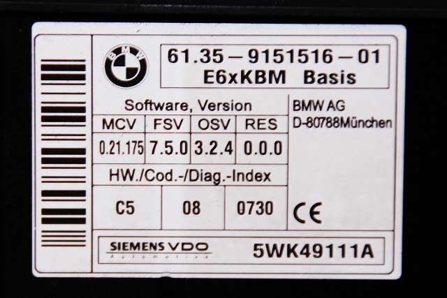 Styreenhet comfort (BCM) til BMW 5-Serie 2003-2010 (E60/E61) (E60/E61) (SIEMENS|5WK4 9111 A|61.35-9 151 516|)