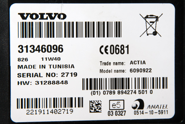 Styreenhet diverse til Volvo V60 2010-2013 (Type I, Fase 1) (VOLVO|31346096|)