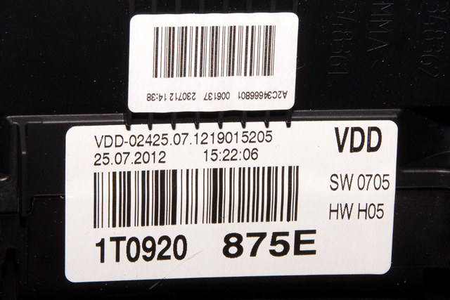 Instrumentpanel til VW Touran 2010-2015 (Type I, Fase 3)  (VAG|1T0 920 875 E|)