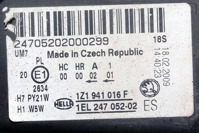 Frontlykt høyre halogen til Škoda Octavia 2009-2013 (Type II, Fase 2) (HELLA|1EL 247 052-02|1Z1 941 016 F|)