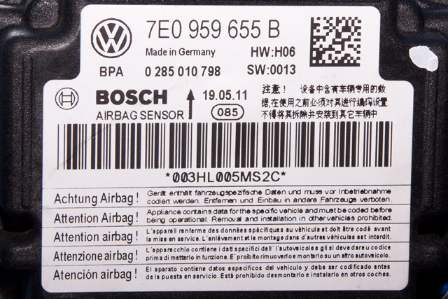 Styreenhet airbag hovedsensor til VW Caddy 2010-2015 (Type III, Fase 2)  (BOSCH|0 285 010 798|7E0 959 655 B|)