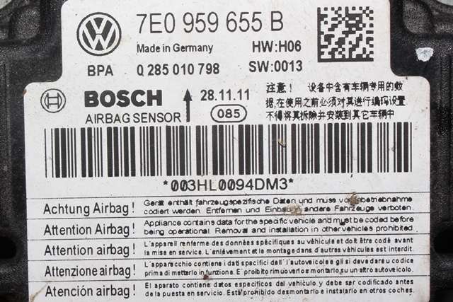 Styreenhet airbag hovedsensor til VW Caddy 2010-2015 (Type III, Fase 2)  (BOSCH|0 285 010 798|7E0 959 655 B|)