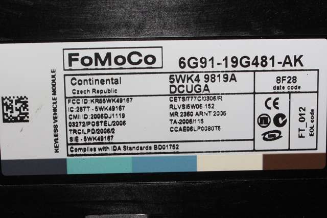 Styreenhet nøkkelfri/keyless til Jaguar XF 2008-2015 (X250) (X250) (CONTINENTL|5WK4 9819|6G91-19G481-AK.|)